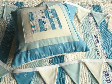 Commissioned Pale Blue, cream, seaside inspired baby quilt, matching cushion & bunting © Sally Quick