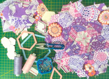 English Paper Piecing, hexagons and diamonds - using original 70s fabrics - very retro © Sally Quick