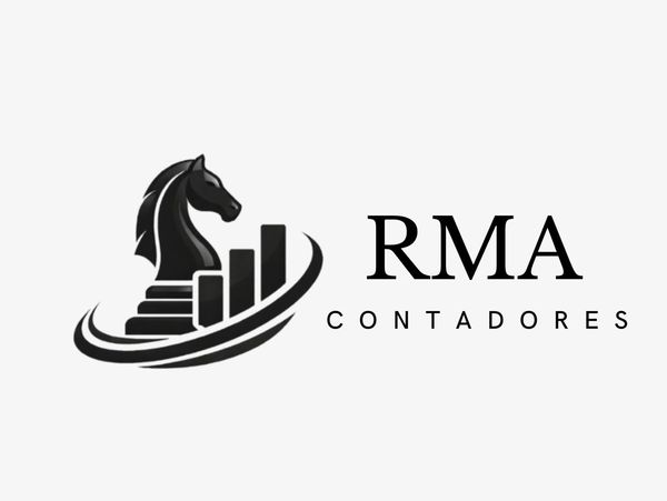 Logo of RMA Contadores with a chess knight and bar graph design.