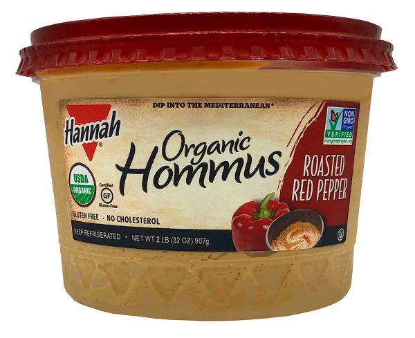 Container of organic roasted red pepper hummus.