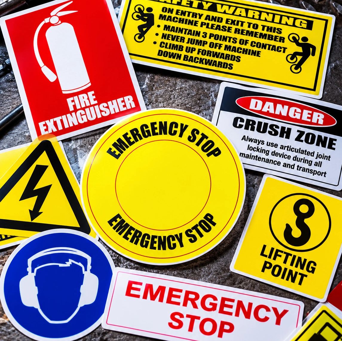 A collection of various safety and warning signs.