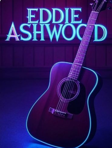 Acoustic guitar with glowing edges under 'Eddie Ashwood' neon sign.