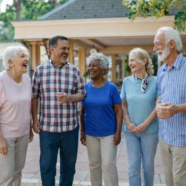 5 old friends smil In looking each other