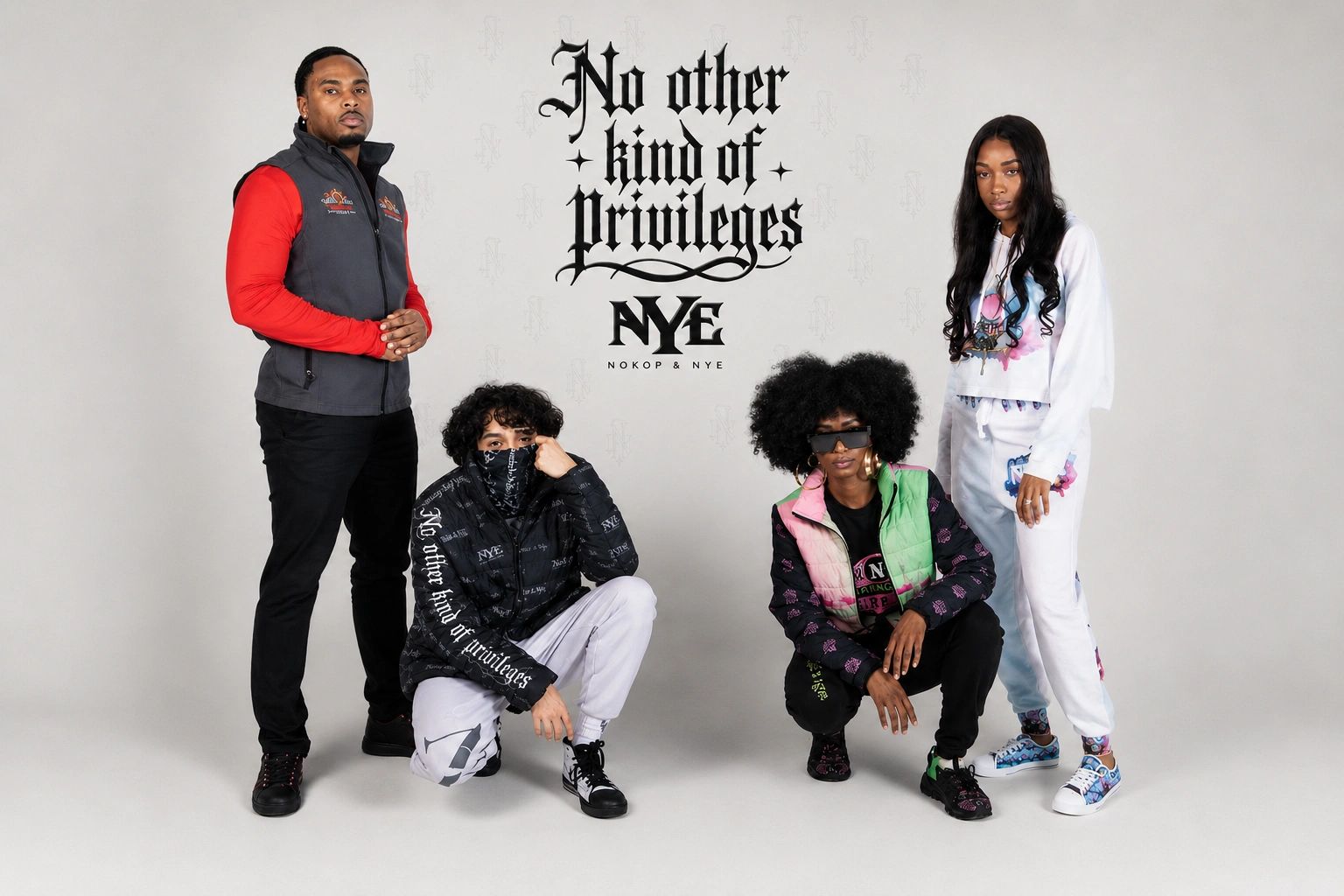 Four models showcase streetwear fashion with bold text behind them.