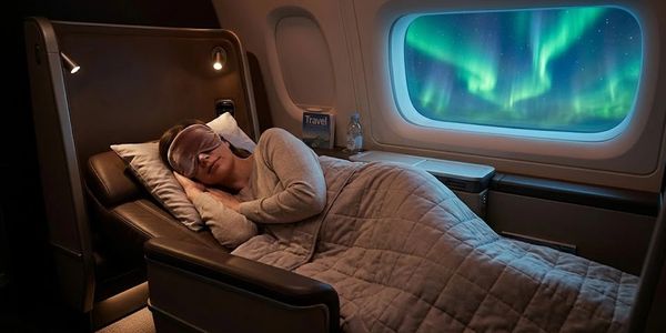 Person sleeping comfortably on a plane with Northern Lights outside.