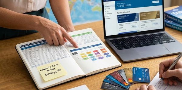 Two people strategizing points redemption using a laptop and a notebook with credit cards.