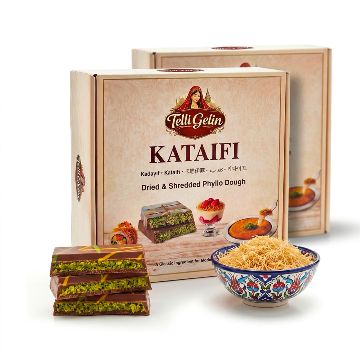Boxes of Telli Gelin Kataifi dried shredded phyllo dough with pistachio chocolate and a bowl of kataifi.