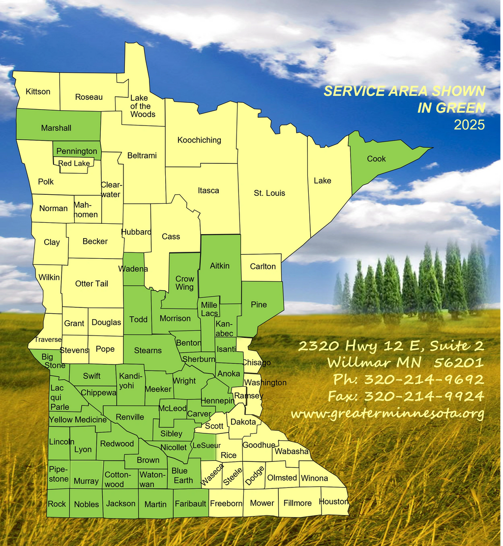 Make of Minnesota with Counties Served by GMFS Highlighted.