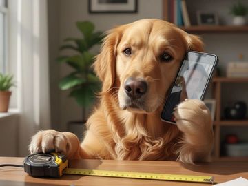dog on phone with tape measure