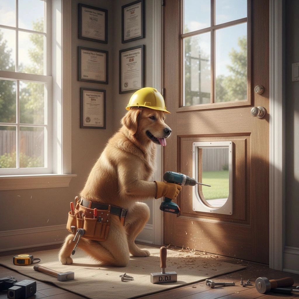 fun picture of a dog installing a pet door in Colorado Springs