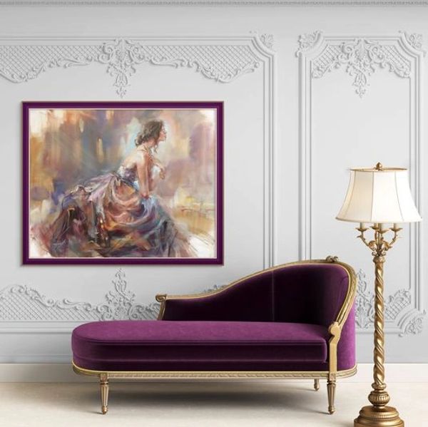 Elegant living room corner with purple chaise lounge and painting.