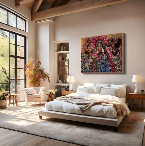 Bright bedroom with floral artwork and large window.