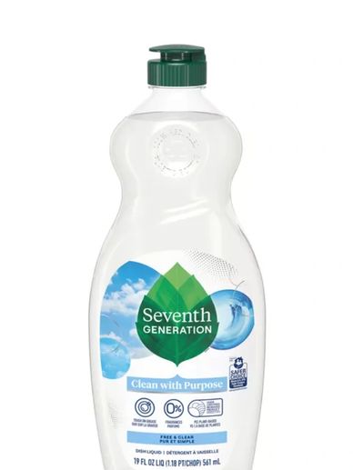 Seventh Generation plant-based dish liquid in a clear bottle with green cap.
