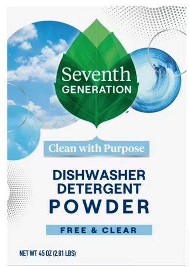 Seventh Generation dishwasher detergent powder with clean, clear formula.