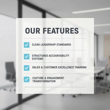 List of business features highlighting leadership, accountability, training, and culture.