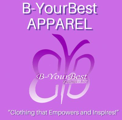 Logo for B-YourBest Apparel with a butterfly design and inspirational text.