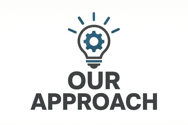 Light bulb with gear symbol and text 'Our Approach'.