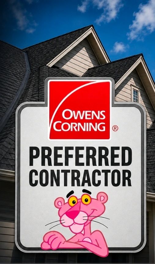 Owens Corning preferred contractor sign with Pink Panther mascot.