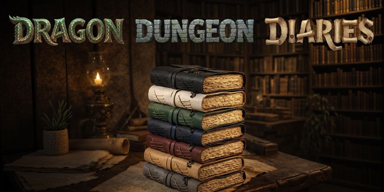 Stack of old books under 'Dragon Dungeon Diaries' title.
