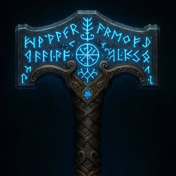 Glowing runes on an ornate hammer head.