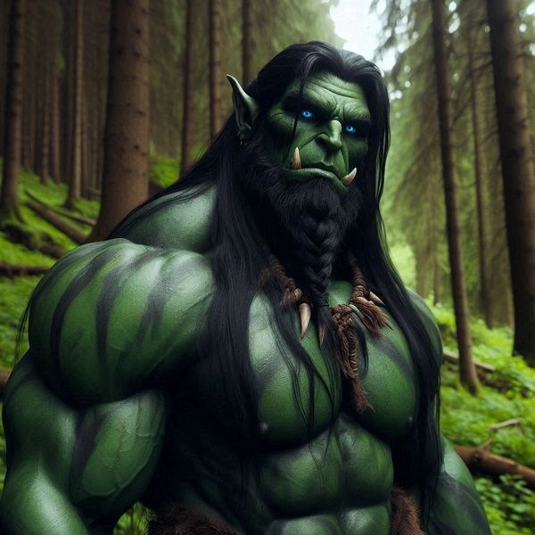 Muscular green orc with blue eyes in a forest.