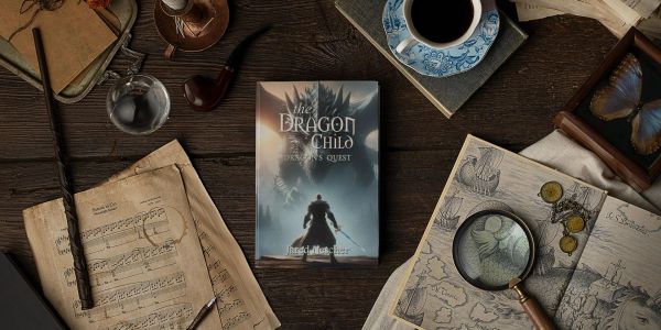 A fantasy book surrounded by vintage objects on a wooden table.