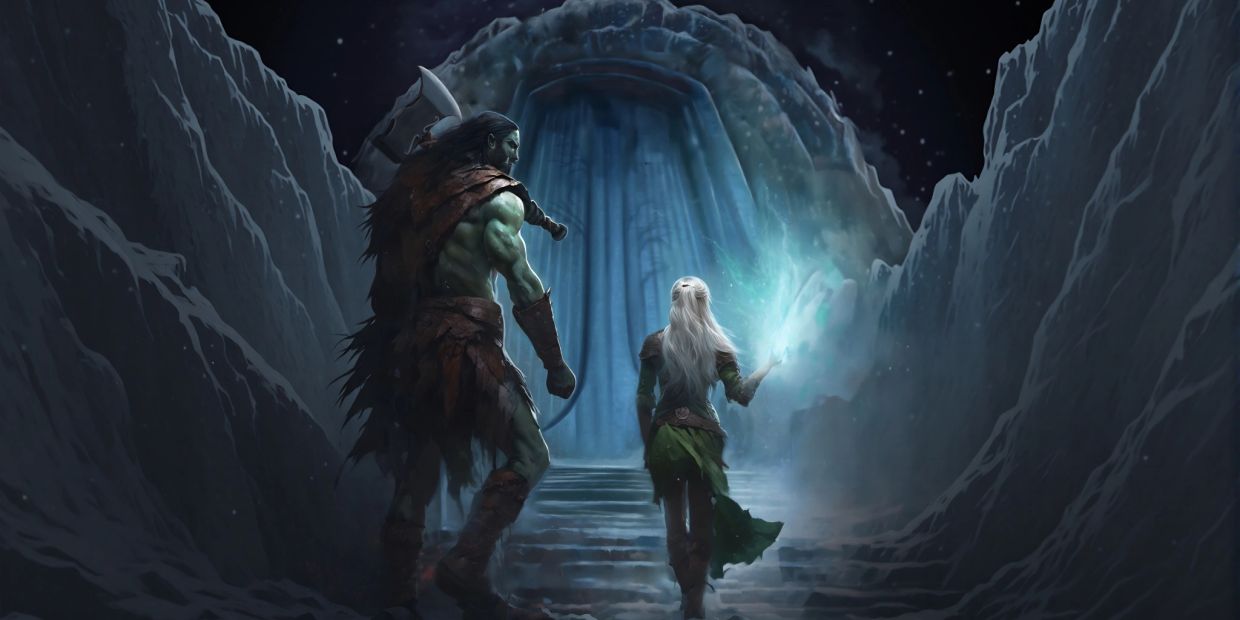 Two adventurers approach a glowing mystical portal in a dark stone cavern.