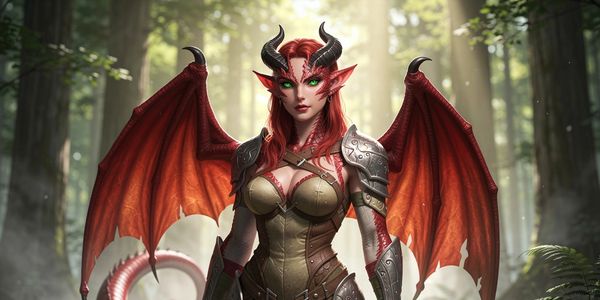 Female demon warrior with red wings and glowing green eyes in a forest.