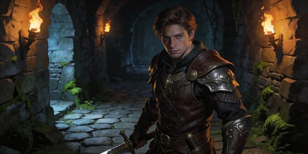 A warrior in medieval armor stands in a torch-lit stone corridor.