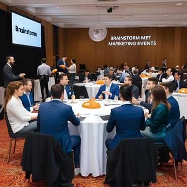 Professionals in a marketing event brainstorming session at round tables.