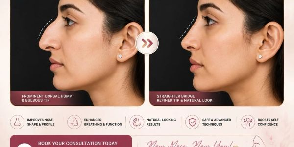 Before and after images of rhinoplasty showing nose improvement.