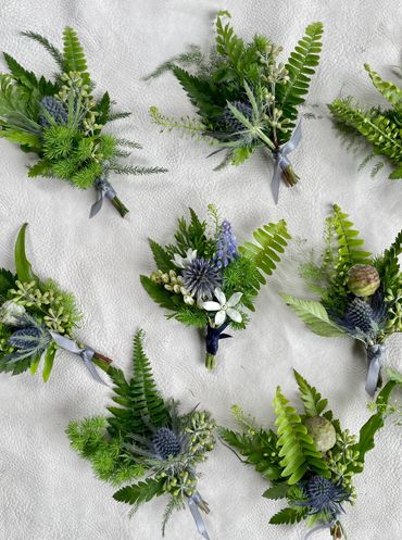 Fern varieties and blue thistle boutonnieres