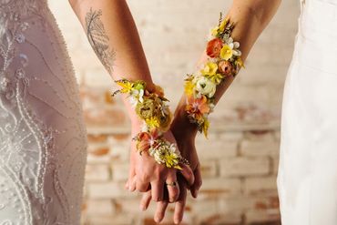 Fresh Floral Tattoos instead of bouquets made for a lesbian couple at the Millwick DTLA. Photography