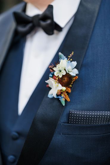Brown and powder blue boutonniere lapel piece artful gorgeous unique one-of-a-kind