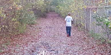 A young boy walking away on an autumn leaf covered path, between a foliage covered chain link fence and a wooded hill.