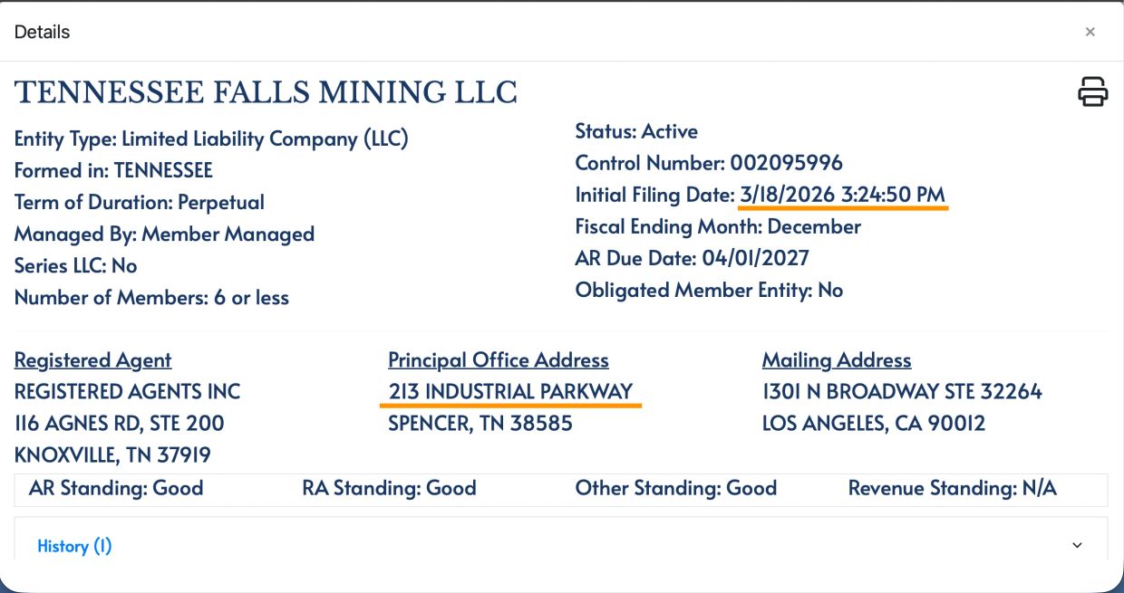 Tennessee Falls Mining LLC company details with addresses and status.