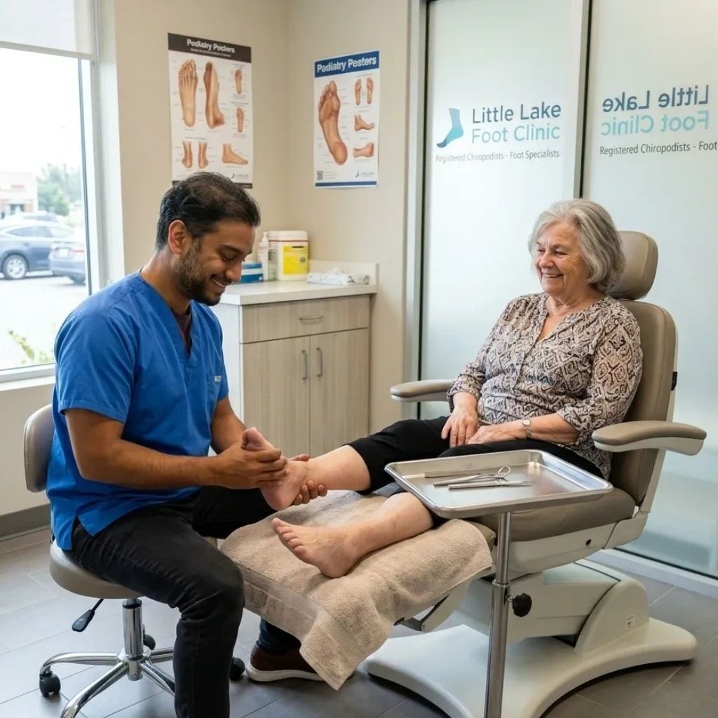 A podiatrist examining an elderly woman's foot in a clinic.