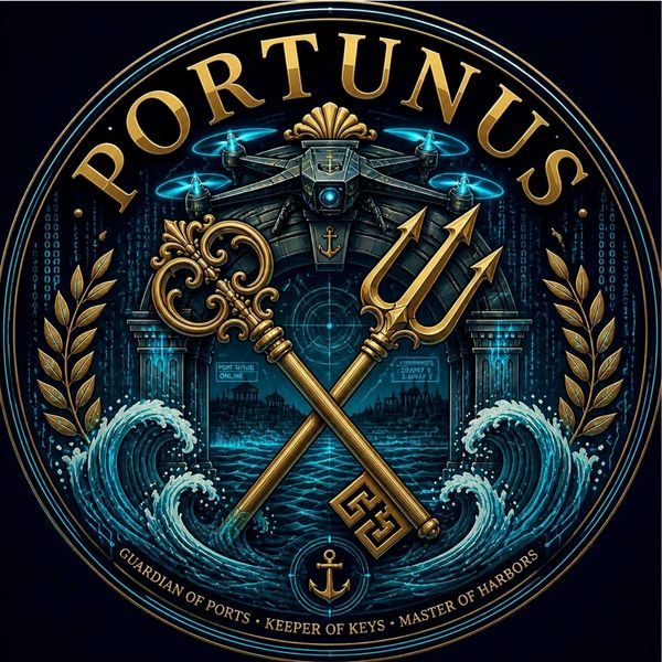 Emblem with key, trident, waves, and drone titled 'PORTUNUS'.