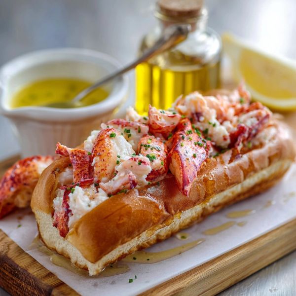 Fresh lobster roll with herbs on a toasted bun, served with butter and lemon.