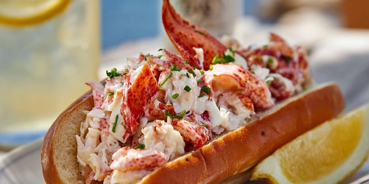 Close-up of a lobster roll with fresh herbs and a lemon wedge.