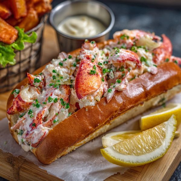 A lobster roll with creamy lobster meat and chives, served with lemon wedges and dipping sauce.