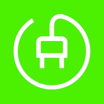 White electric plug icon inside a partial circle on a bright green background.