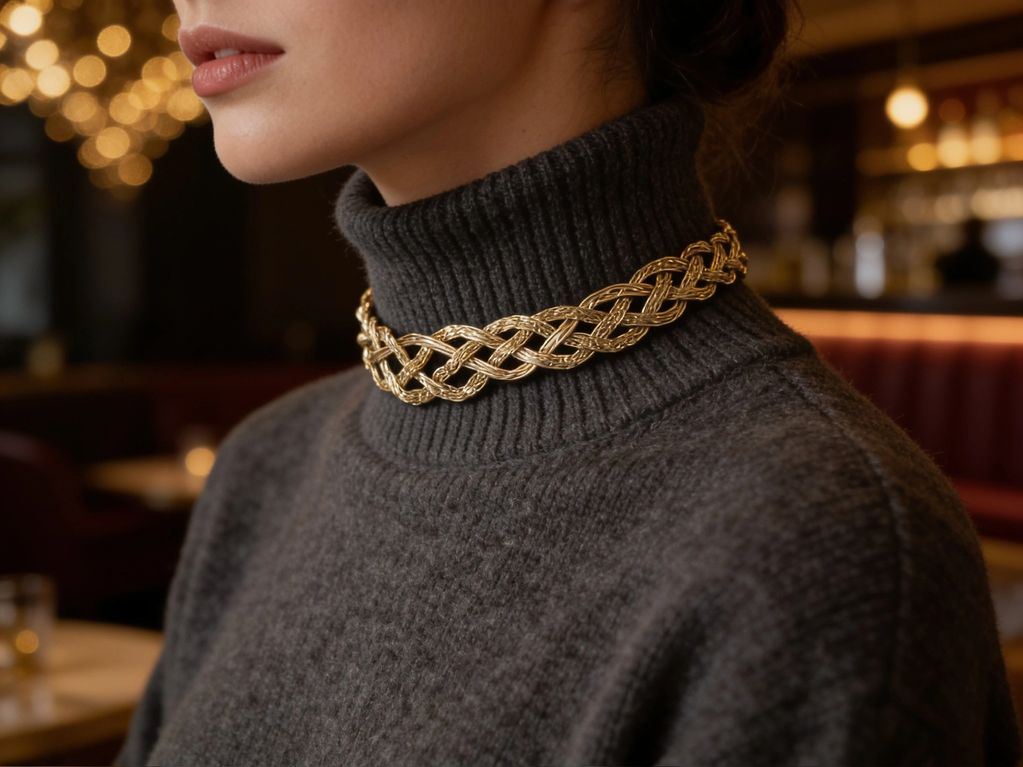 Gold braided necklace on gray turtleneck sweater.