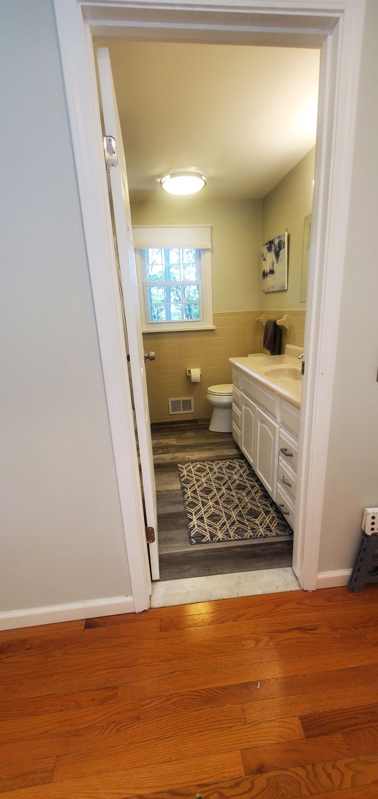 View into a bathroom with wooden flooring and white cabinetry.