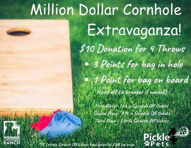 Sign for a Million Dollar Cornhole Extravaganza with donation and scoring details.