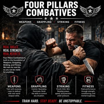 Two men engaged in intense combat training with a knife and fist.