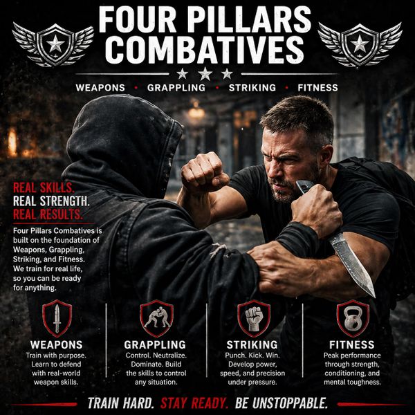 Two men engaged in intense combat training with a knife and fist.