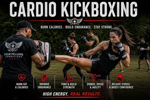 Energetic cardio kickboxing session focusing on fitness and strength.