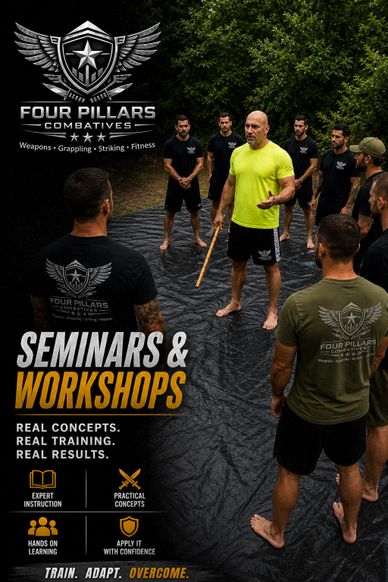 Instructor leading a combat training seminar outdoors with attentive participants.