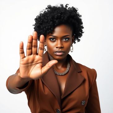 Woman in brown coat holding hand out to stop.